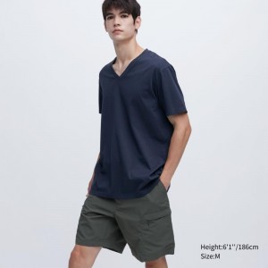 Uniqlo Dry Color V-Neck Short-Sleeve メンズ Tシャツ ネイビー | 5694531
