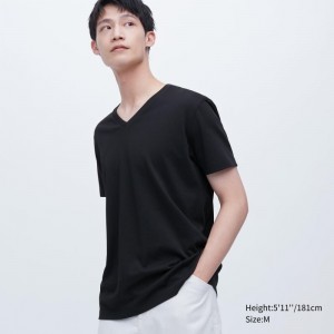 Uniqlo Dry Color V-Neck Short-Sleeve メンズ Tシャツ 黒 | 7627450