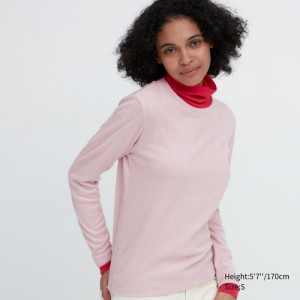 Uniqlo HEATTECH Fleece Crew Neck Long-Sleeve レディース Tシャツ ピンク | 6189671