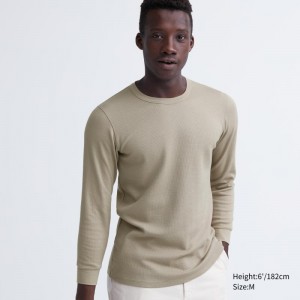Uniqlo Heattech Cotton Waffle Crew Neck Extra Warm メンズ Tシャツ ベージュ | 3004538
