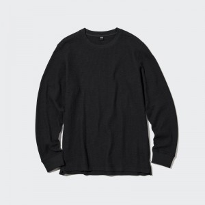 Uniqlo Waffle Crew Neck Long-Sleeve メンズ Tシャツ 黒 | 7175964