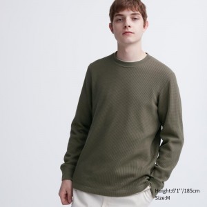 Uniqlo Waffle Crew Neck Long-Sleeve メンズ Tシャツ 緑 | 4017313
