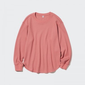 Uniqlo Waffle Crew Neck Long-Sleeve レディース Tシャツ ピンク | 5557108