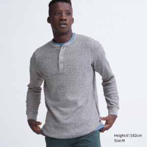 Uniqlo Waffle Henley Neck Long-sleeve メンズ Tシャツ グレー | 1089129