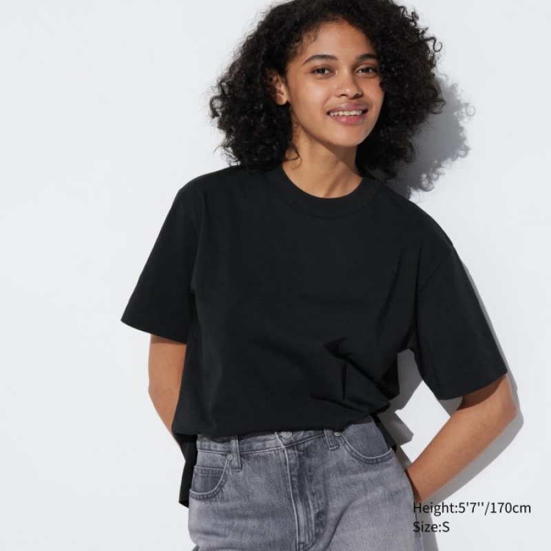 Uniqlo AIRism Cotton Short Sleeve レディース Tシャツ 黒 | 1927414