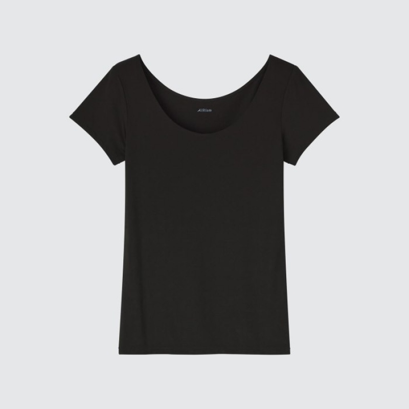 Uniqlo AIRism Scoop Neck Short-Sleeve レディース Tシャツ 黒 | 257596