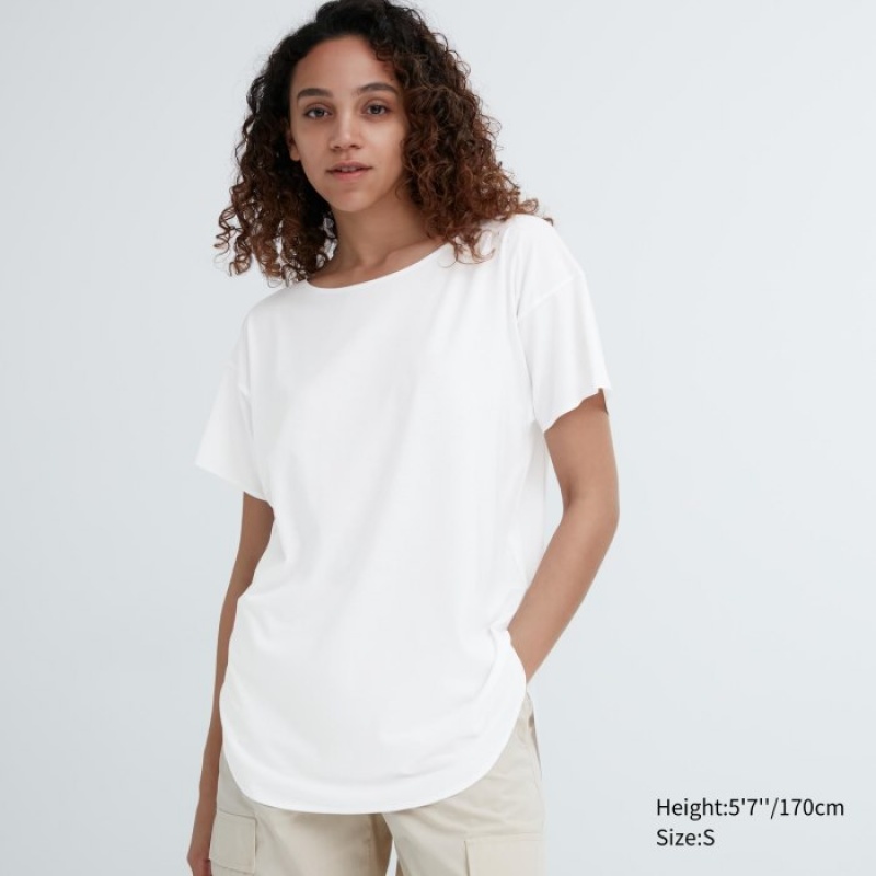 Uniqlo AIRism Seamless Boat Neck Short-Sleeve Long レディース Tシャツ 白 | 9300499
