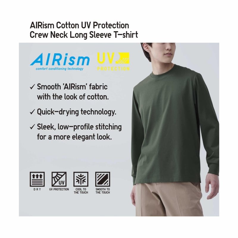 Uniqlo Airism Cotton Uv Protection Crew Neck Long-sleeve メンズ Tシャツ 緑 | 8730197