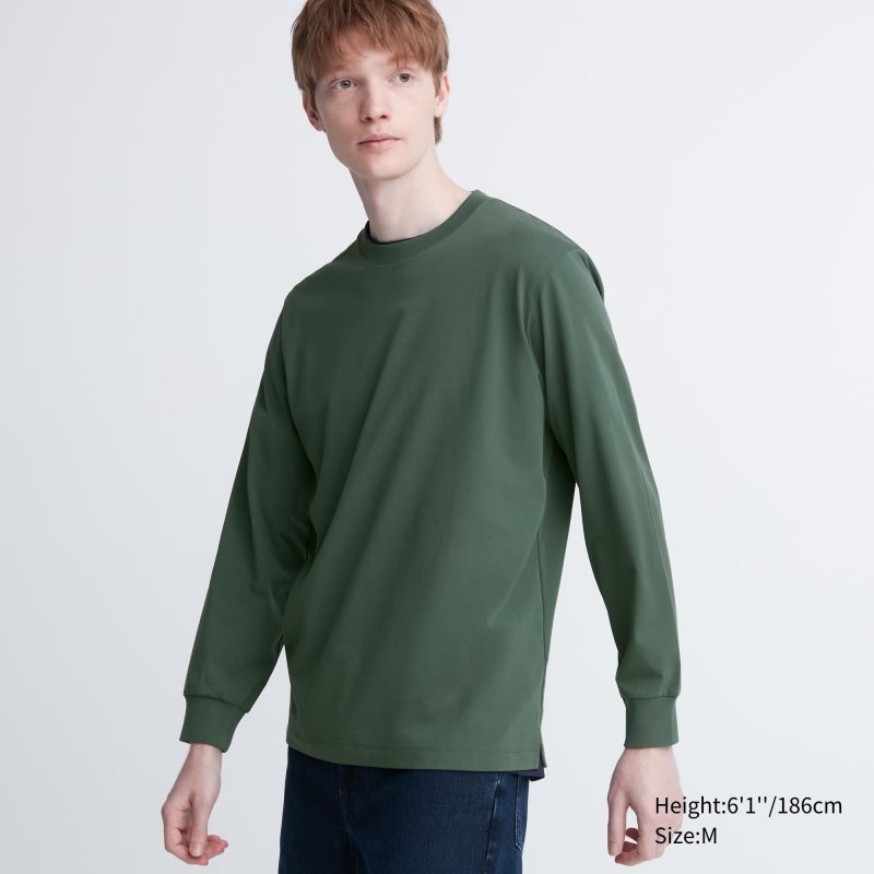 Uniqlo Airism Cotton Uv Protection Crew Neck Long-sleeve メンズ Tシャツ 緑 | 8730197