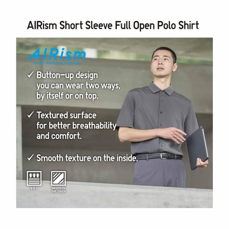 Uniqlo Airism Full Open Short-sleeve メンズ ポロシャツ グレー | 3593384