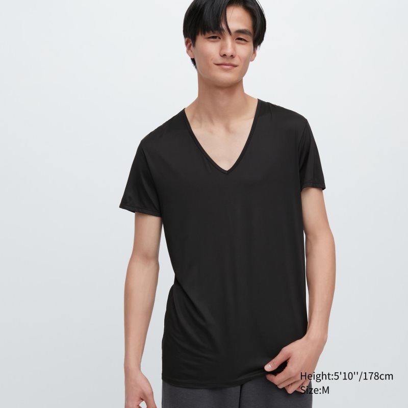 Uniqlo Airism V-neck Short-sleeve メンズ Tシャツ 黒 | 5788134
