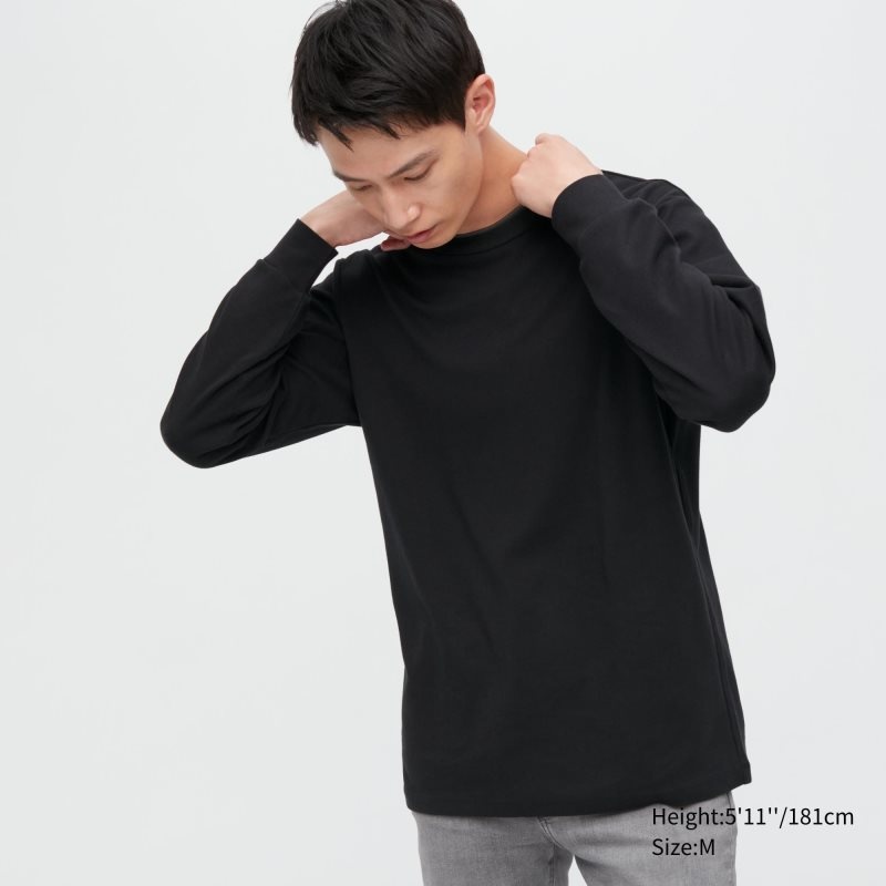 Uniqlo Brushed Cotton Crew Neck Long-sleeve メンズ Tシャツ 黒 | 9840202
