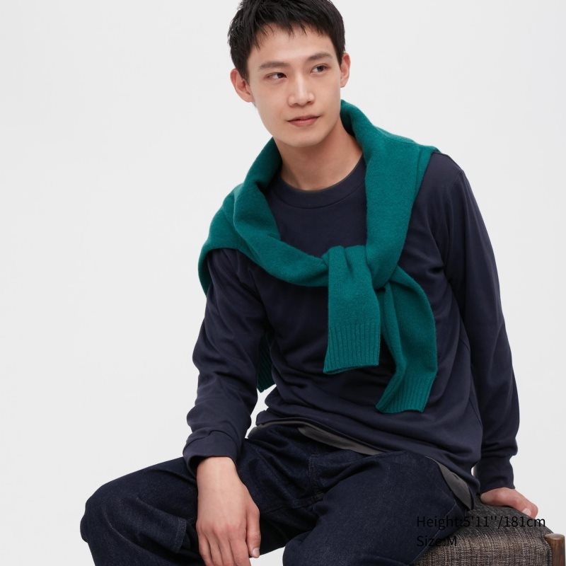 Uniqlo Brushed Cotton Crew Neck Long-sleeve メンズ Tシャツ ネイビー | 568480