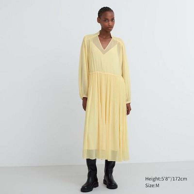 Uniqlo Chiffon Pleated Long-Sleeve レディース ワンピース 黄色 | 7861739