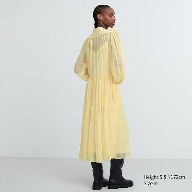 Uniqlo Chiffon Pleated Long-Sleeve レディース ワンピース 黄色 | 7861739