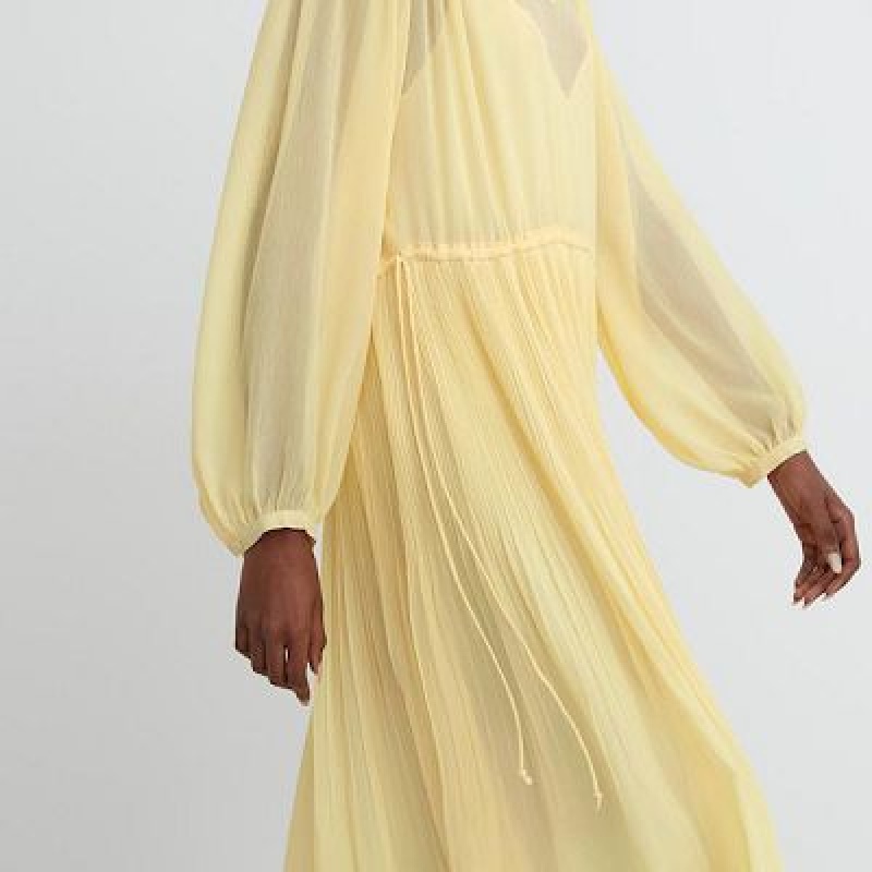 Uniqlo Chiffon Pleated Long-Sleeve レディース ワンピース 黄色 | 7861739