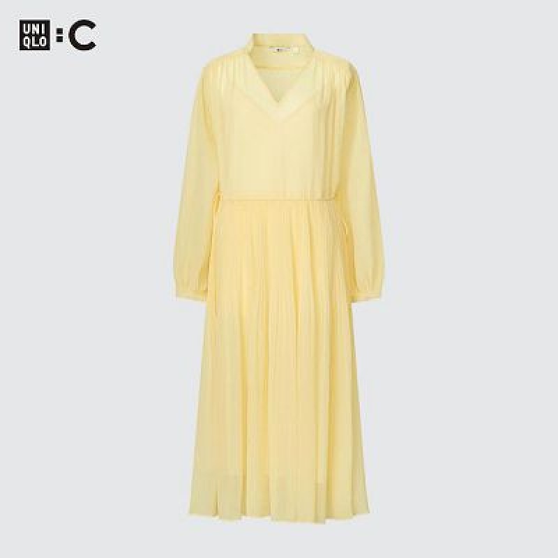 Uniqlo Chiffon Pleated Long-Sleeve レディース ワンピース 黄色 | 7861739