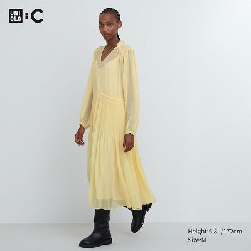 Uniqlo Chiffon Pleated Long-Sleeve レディース ワンピース 黄色 | 7861739