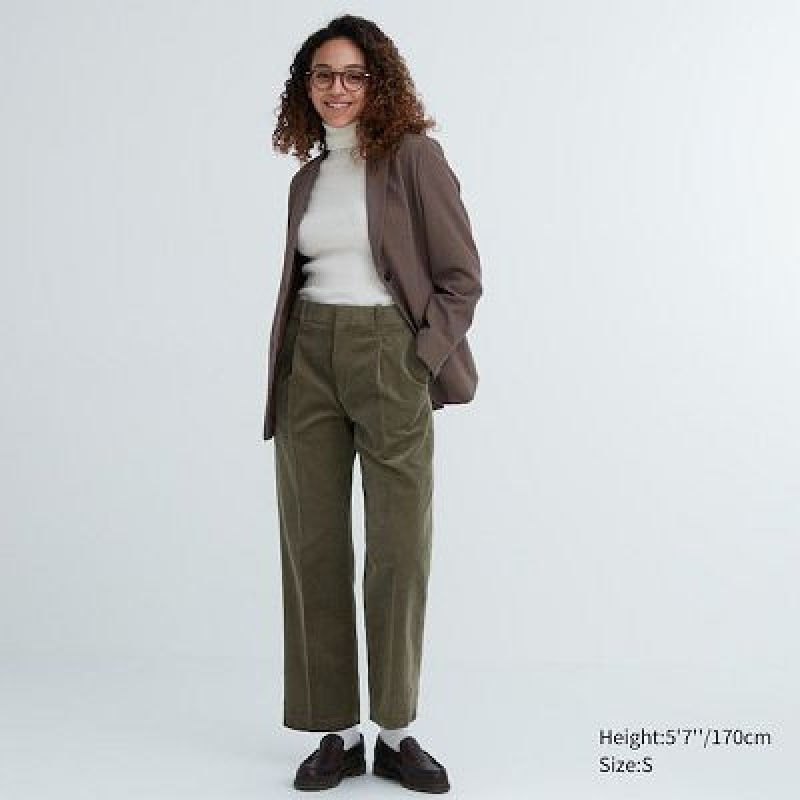 Uniqlo Corduroy Wide-Fit Pleated レディース パンツ オリーブ | 9929212