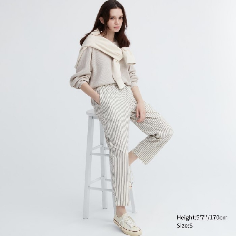 Uniqlo Cotton Striped Relaxed Ankle レディース パンツ 白 | 5529419
