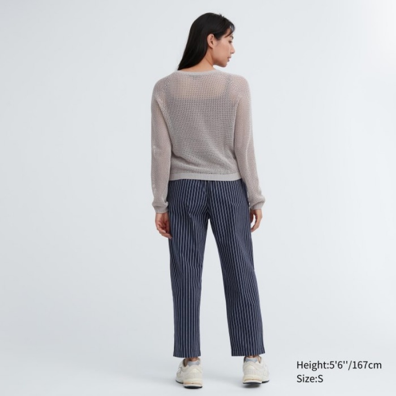 Uniqlo Cotton Striped Relaxed Ankle レディース パンツ ネイビー | 726728