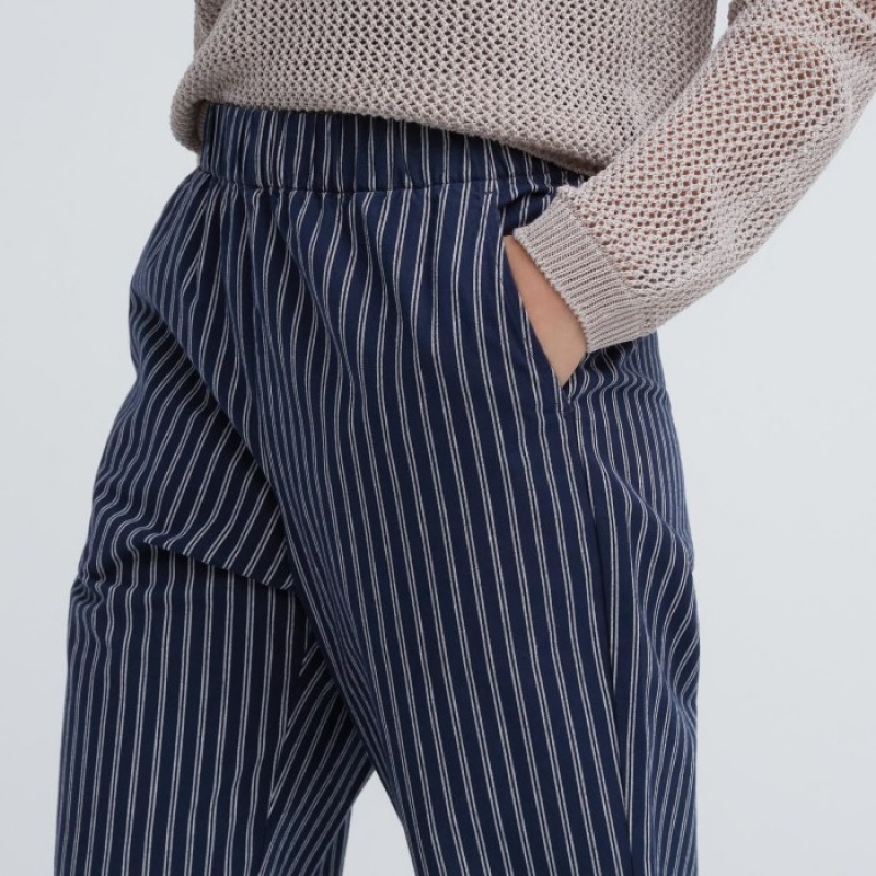 Uniqlo Cotton Striped Relaxed Ankle レディース パンツ ネイビー | 726728