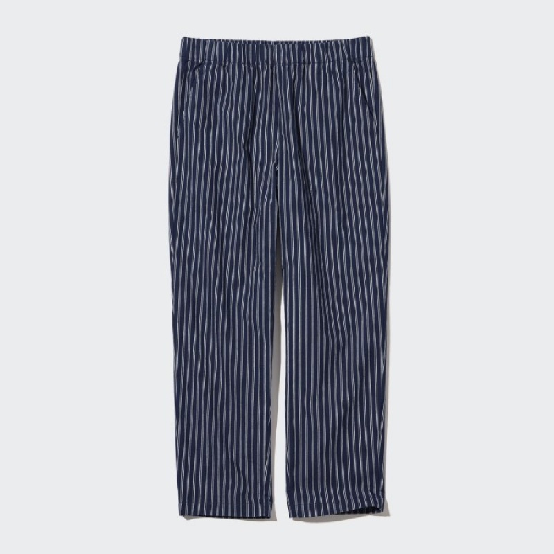 Uniqlo Cotton Striped Relaxed Ankle レディース パンツ ネイビー | 726728