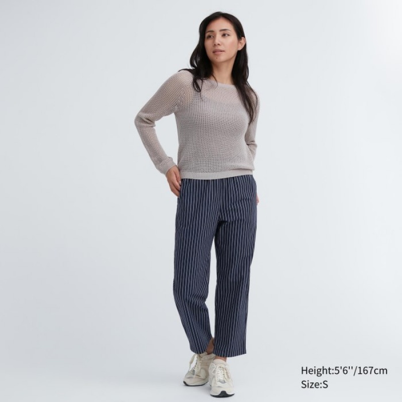 Uniqlo Cotton Striped Relaxed Ankle レディース パンツ ネイビー | 726728