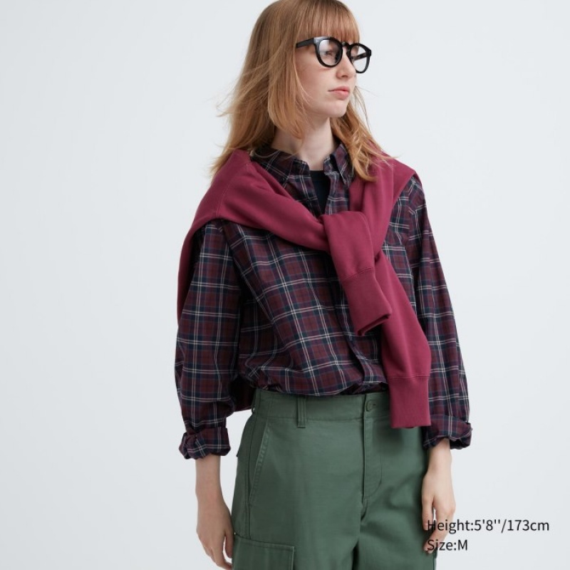 Uniqlo Extra Fine Cotton Broadcloth Checked Casual レディース シャツ ボルドー | 4946191