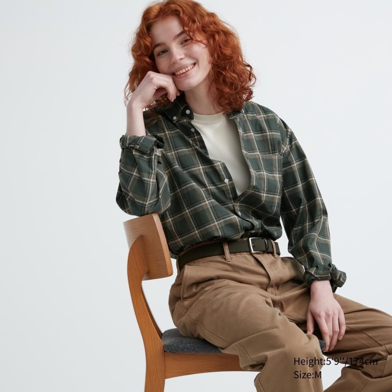 Uniqlo Extra Fine Cotton Broadcloth Checked Long-sleeve メンズ シャツ オリーブ | 6669856
