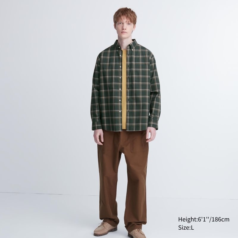 Uniqlo Extra Fine Cotton Broadcloth Checked Long-sleeve メンズ シャツ オリーブ | 6669856