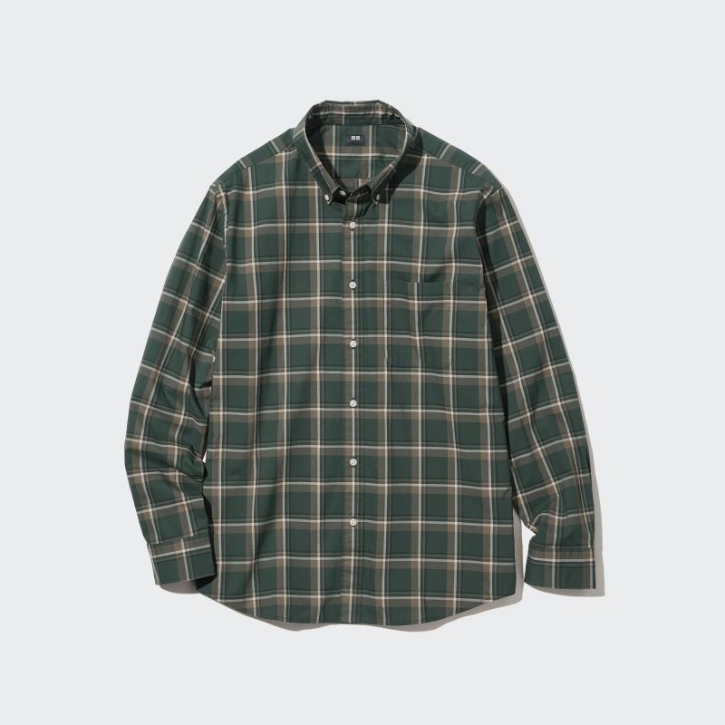 Uniqlo Extra Fine Cotton Broadcloth Checked Long-sleeve メンズ シャツ オリーブ | 6669856