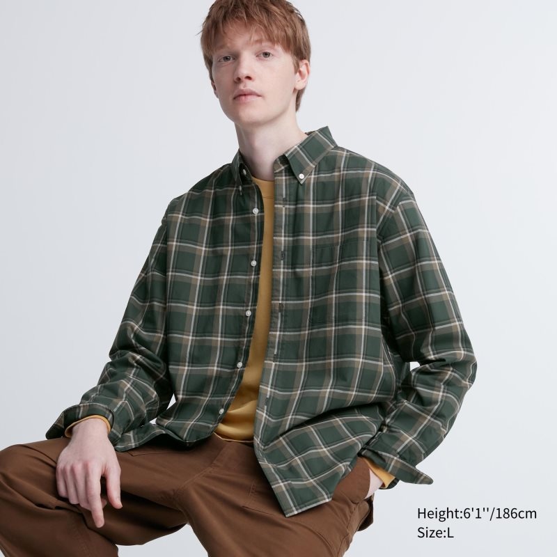 Uniqlo Extra Fine Cotton Broadcloth Checked Long-sleeve メンズ シャツ オリーブ | 6669856