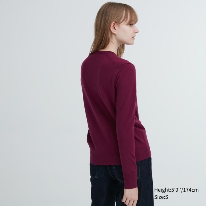 Uniqlo Extra Fine Merino Crew Neck Long-Sleeve レディース セーター ボルドー | 759532