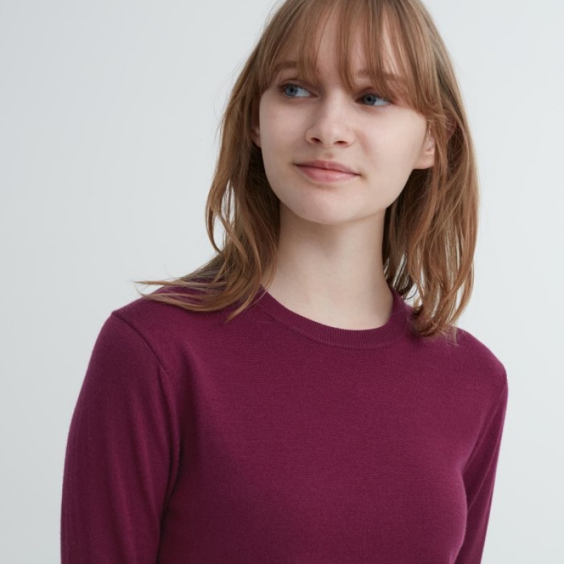 Uniqlo Extra Fine Merino Crew Neck Long-Sleeve レディース セーター ボルドー | 759532