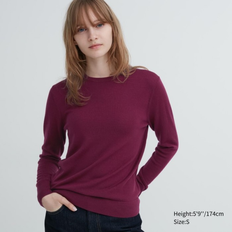 Uniqlo Extra Fine Merino Crew Neck Long-Sleeve レディース セーター ボルドー | 759532