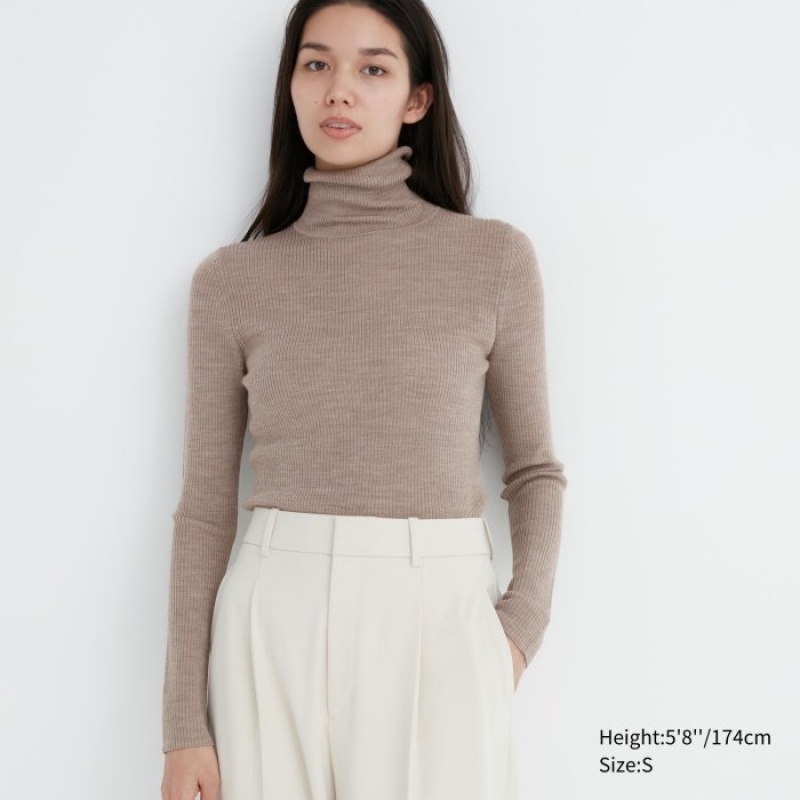 Uniqlo Extra Fine Merino Ribbed Turtleneck Long-Sleeve レディース セーター ベージュ | 1764857