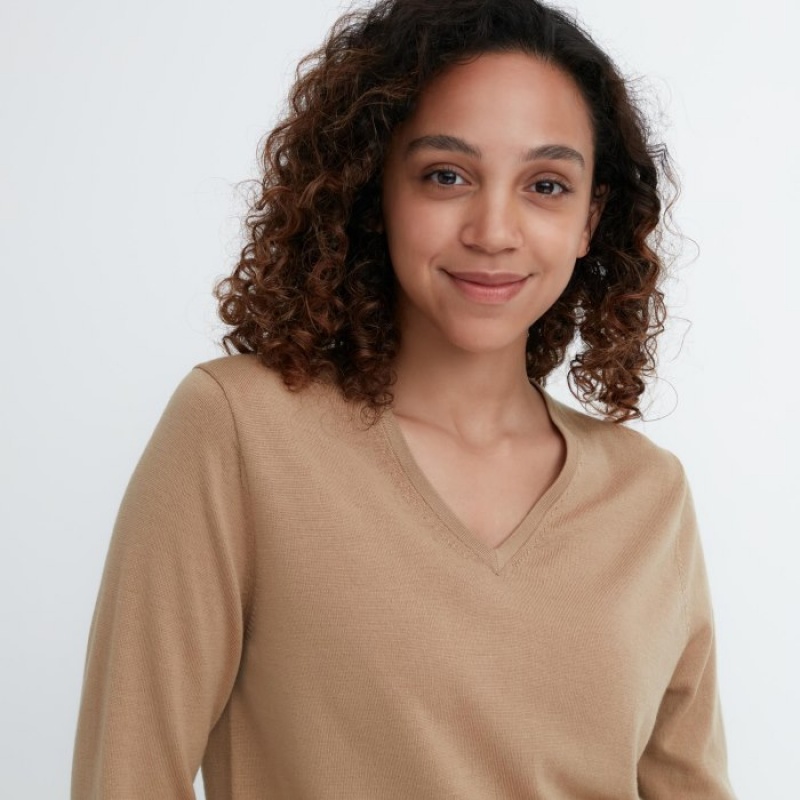 Uniqlo Extra Fine Merino V-Neck Long-Sleeve レディース セーター 青 | 7481239