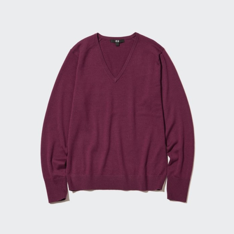 Uniqlo Extra Fine Merino V-Neck Long-Sleeve レディース セーター 青 | 7481239