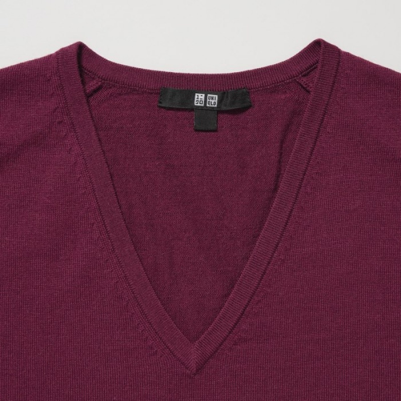 Uniqlo Extra Fine Merino V-Neck Long-Sleeve レディース セーター 青 | 7481239
