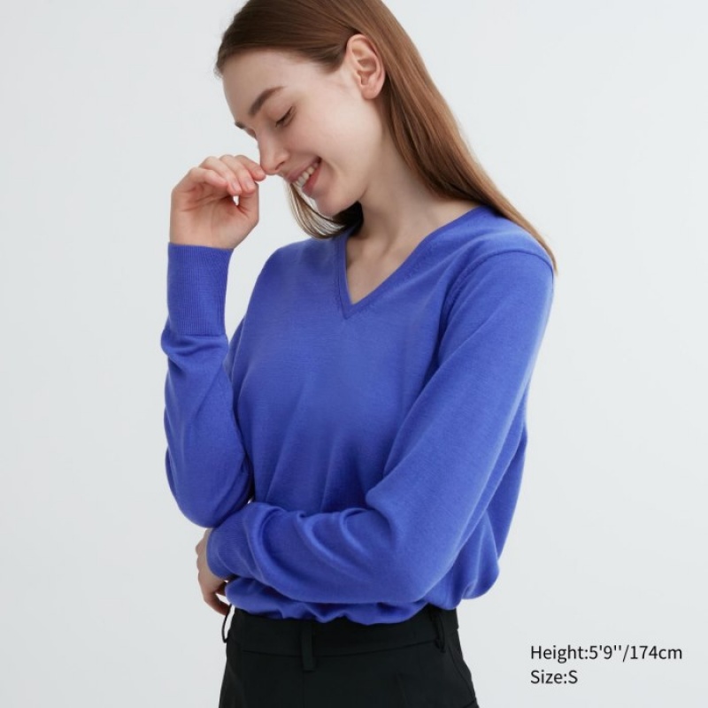 Uniqlo Extra Fine Merino V-Neck Long-Sleeve レディース セーター 青 | 7481239