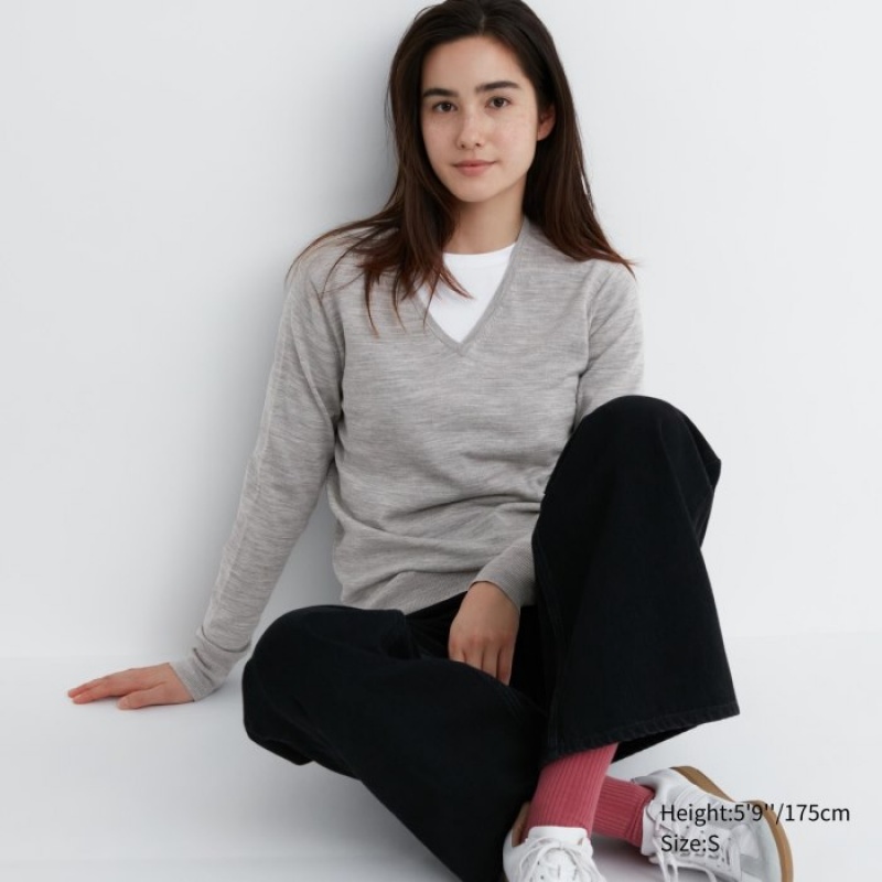 Uniqlo Extra Fine Merino V-Neck Long-Sleeve レディース セーター グレー | 3324208