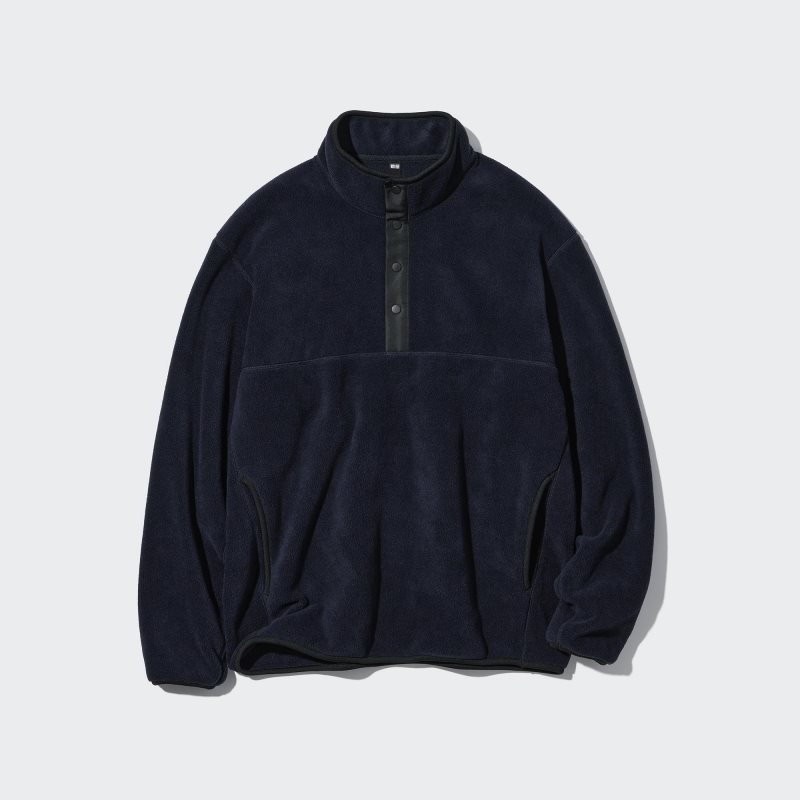 Uniqlo Fleece Button Up Long Sleeve Pullover メンズ パーカー ネイビー | 6778691