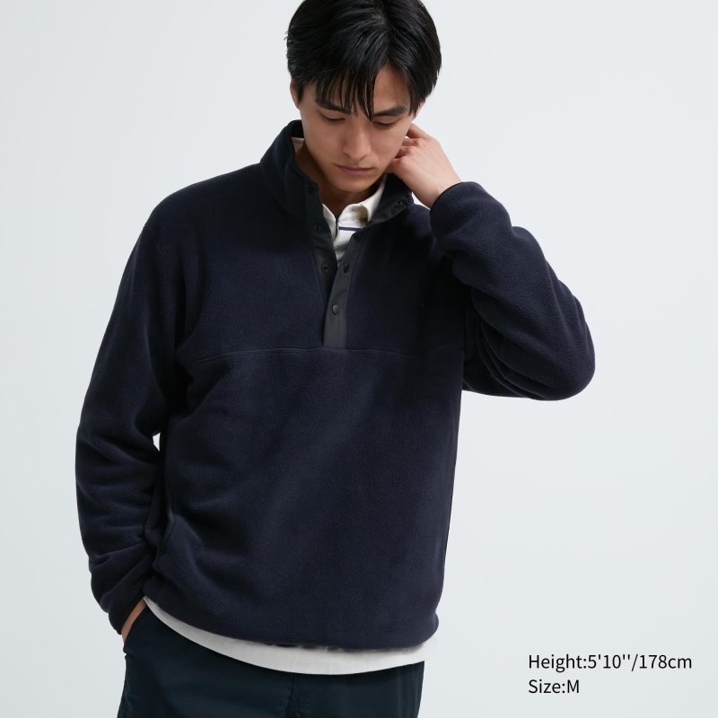 Uniqlo Fleece Button Up Long Sleeve Pullover メンズ パーカー ネイビー | 6778691