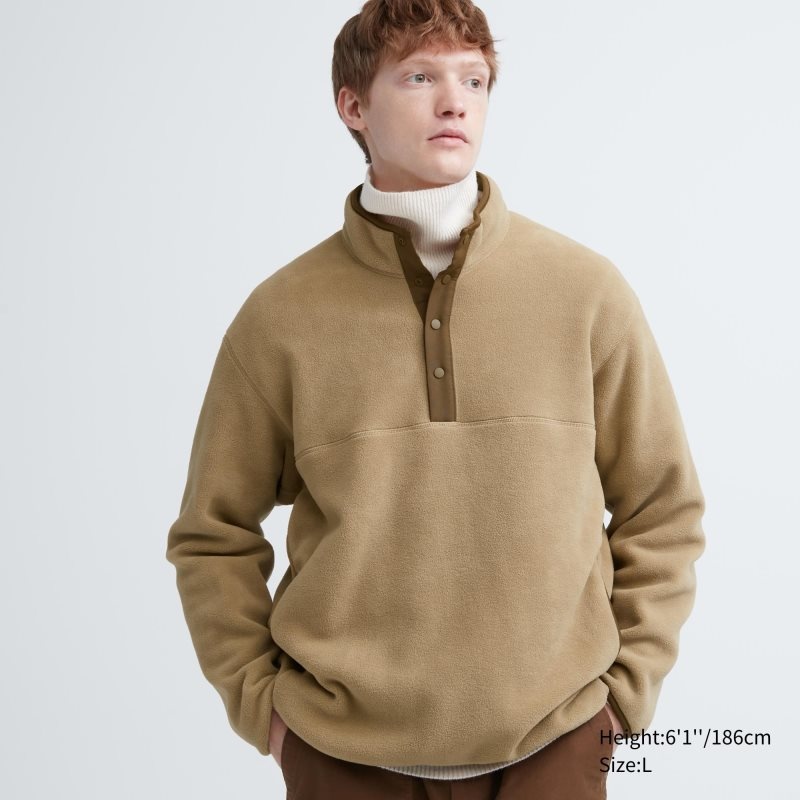 Uniqlo Fleece Button Up Long Sleeve Pullover メンズ パーカー ベージュ | 1352219