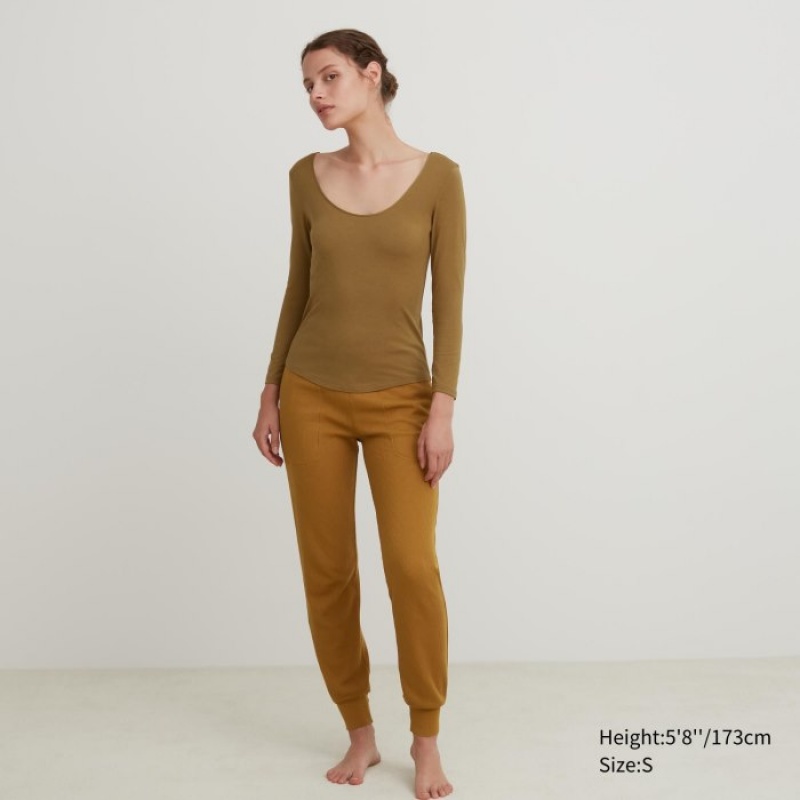 Uniqlo HEATTECH Ballet Neck Long-Sleeve Silk Blend レディース Tシャツ ブラウン | 6932145