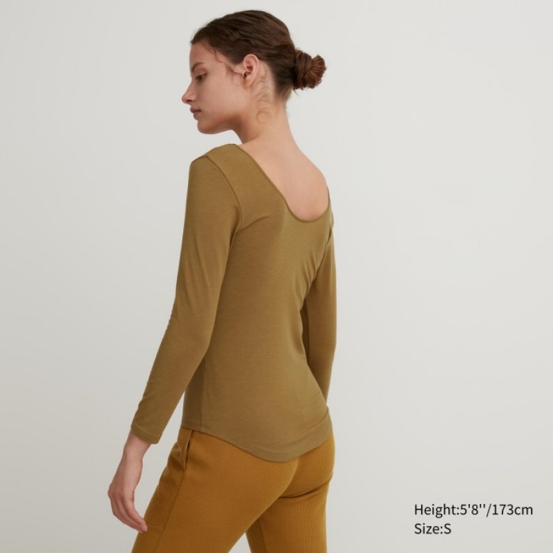 Uniqlo HEATTECH Ballet Neck Long-Sleeve Silk Blend レディース Tシャツ ブラウン | 6932145