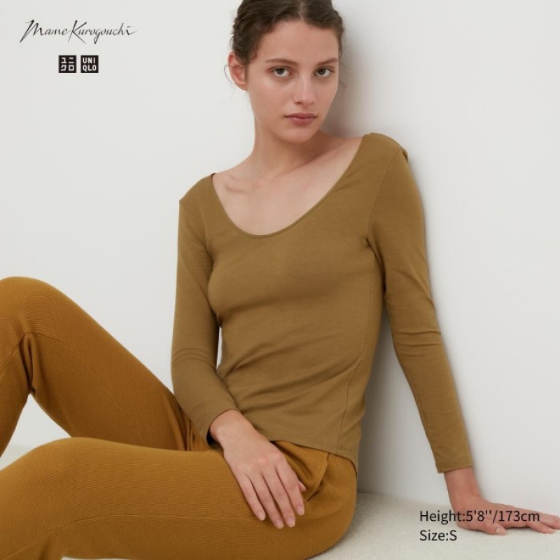 Uniqlo HEATTECH Ballet Neck Long-Sleeve Silk Blend レディース Tシャツ ブラウン | 6932145