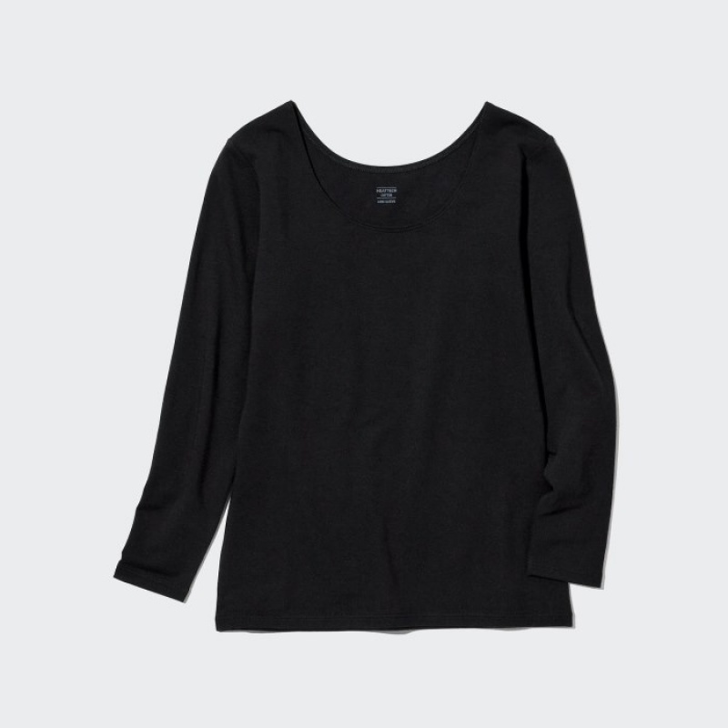 Uniqlo HEATTECH Cotton Scoop Neck Long-Sleeve レディース Tシャツ 黒 | 7290181