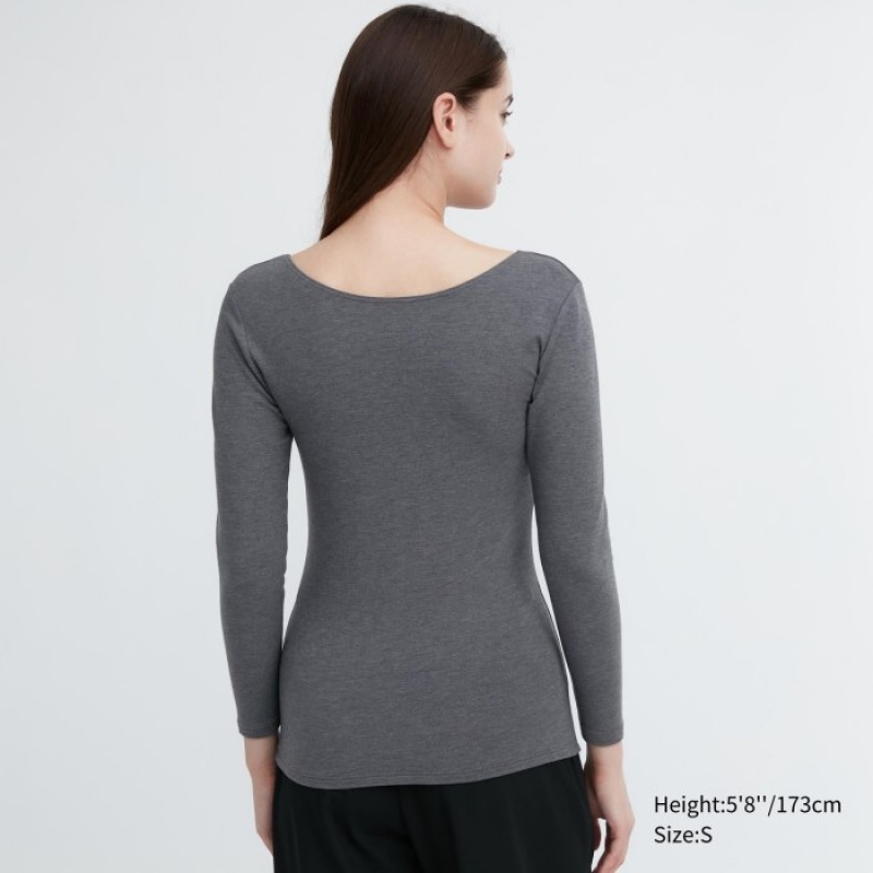 Uniqlo HEATTECH Cotton Scoop Neck Long-Sleeve レディース Tシャツ グレー | 560043
